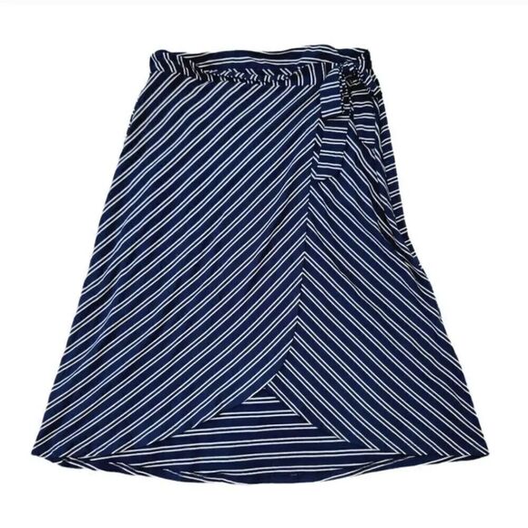 Adrienne Vittadini Striped Soft Jersey Knit Faux Wrap Skirt in Navy/White Size S - Picture 2 of 7
